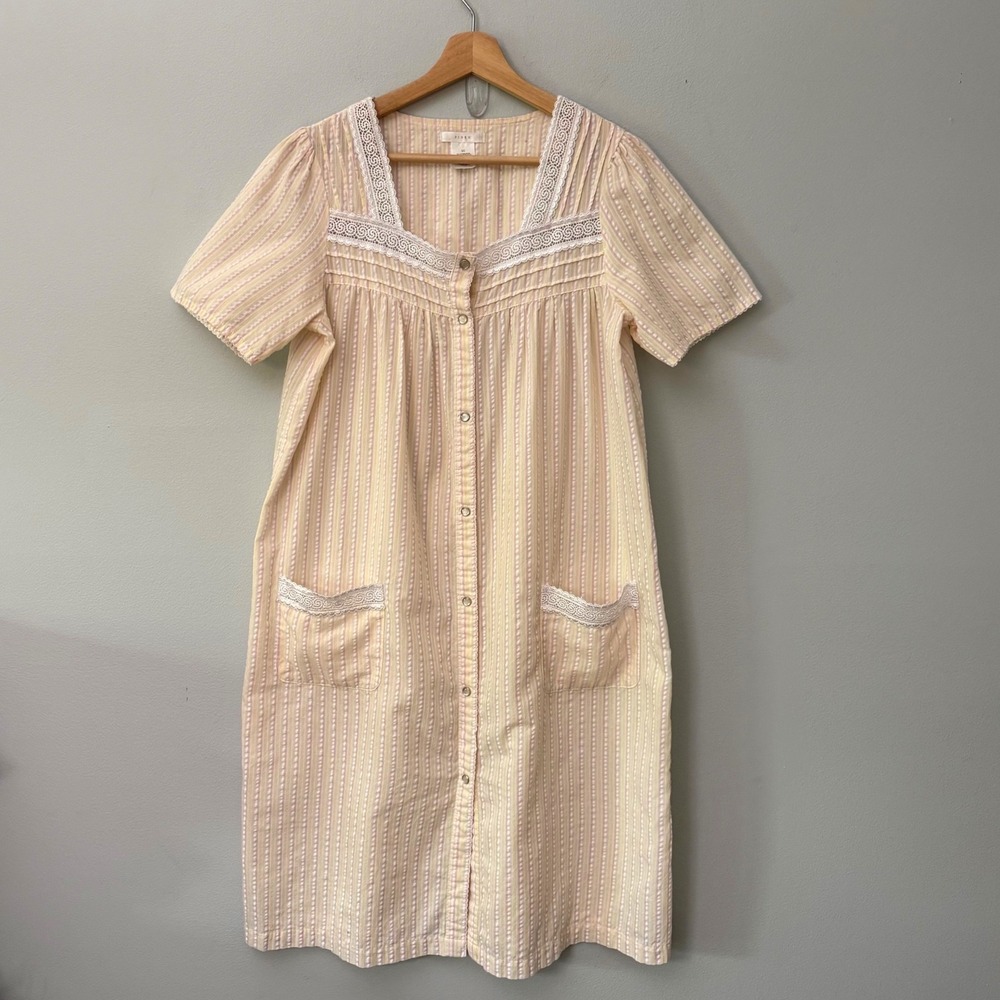 Vintage 90s Kmart Seersucker Nightgown House Coat Small Smock Snap Cottagecore